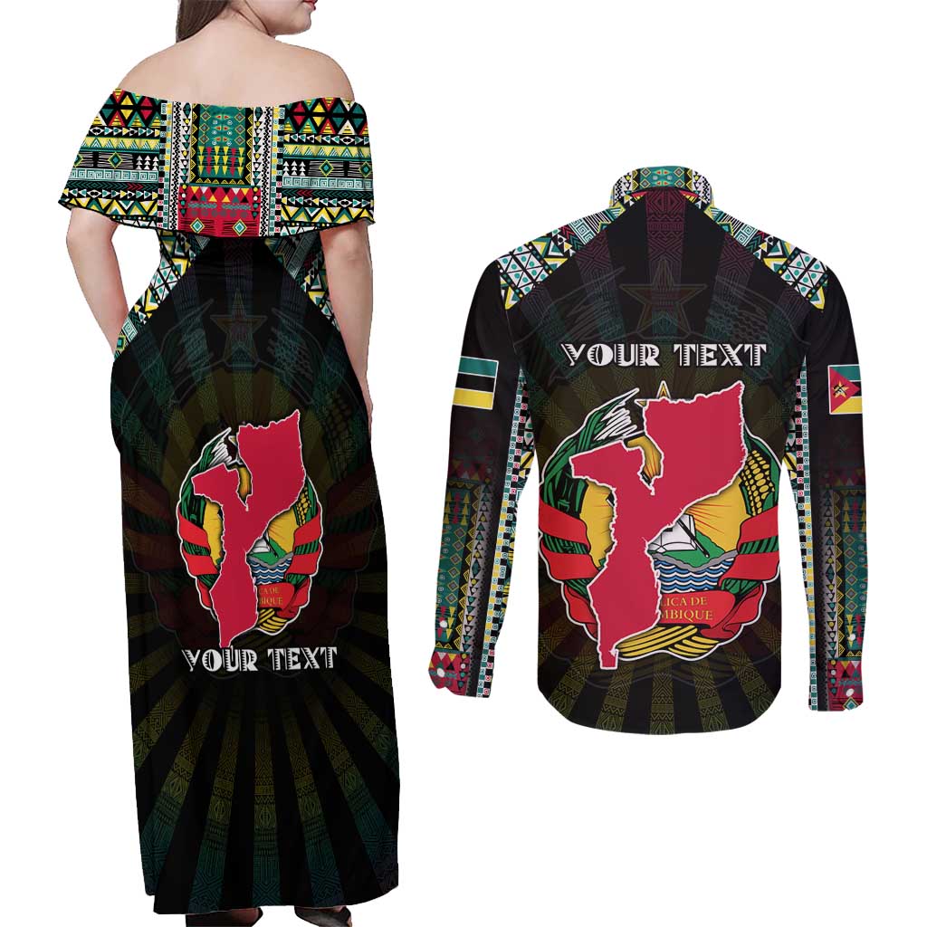 Personalized Mozambique Roots Couples Matching Off Shoulder Maxi Dress and Long Sleeve Button Shirt African Map in Fingerprint and Tribal Colors