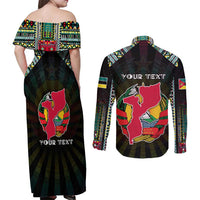 Personalized Mozambique Roots Couples Matching Off Shoulder Maxi Dress and Long Sleeve Button Shirt African Map in Fingerprint and Tribal Colors
