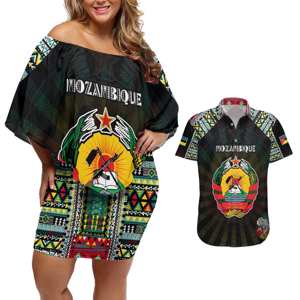 Personalized Mozambique Roots Couples Matching Off Shoulder Short Dress and Hawaiian Shirt African Map in Fingerprint and Tribal Colors