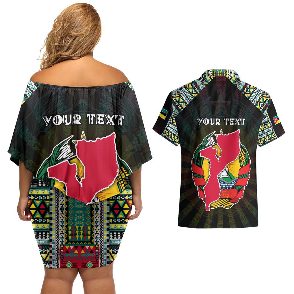 Personalized Mozambique Roots Couples Matching Off Shoulder Short Dress and Hawaiian Shirt African Map in Fingerprint and Tribal Colors