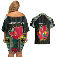 Personalized Mozambique Roots Couples Matching Off Shoulder Short Dress and Hawaiian Shirt African Map in Fingerprint and Tribal Colors