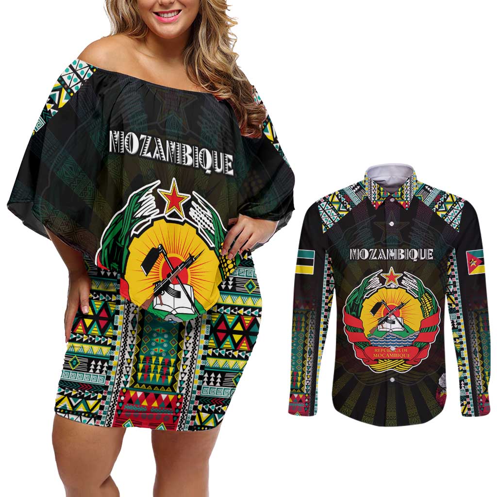 Personalized Mozambique Roots Couples Matching Off Shoulder Short Dress and Long Sleeve Button Shirt African Map in Fingerprint and Tribal Colors