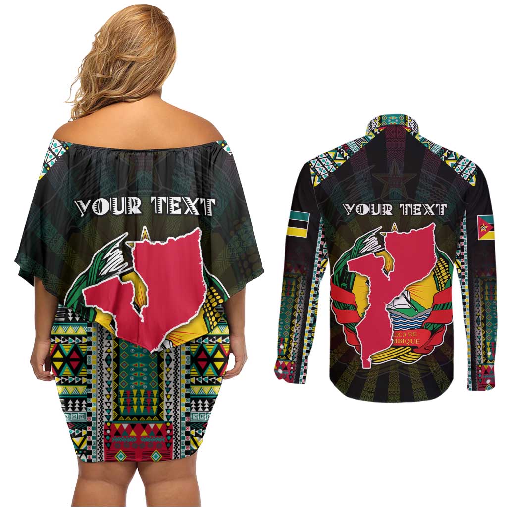 Personalized Mozambique Roots Couples Matching Off Shoulder Short Dress and Long Sleeve Button Shirt African Map in Fingerprint and Tribal Colors