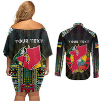 Personalized Mozambique Roots Couples Matching Off Shoulder Short Dress and Long Sleeve Button Shirt African Map in Fingerprint and Tribal Colors