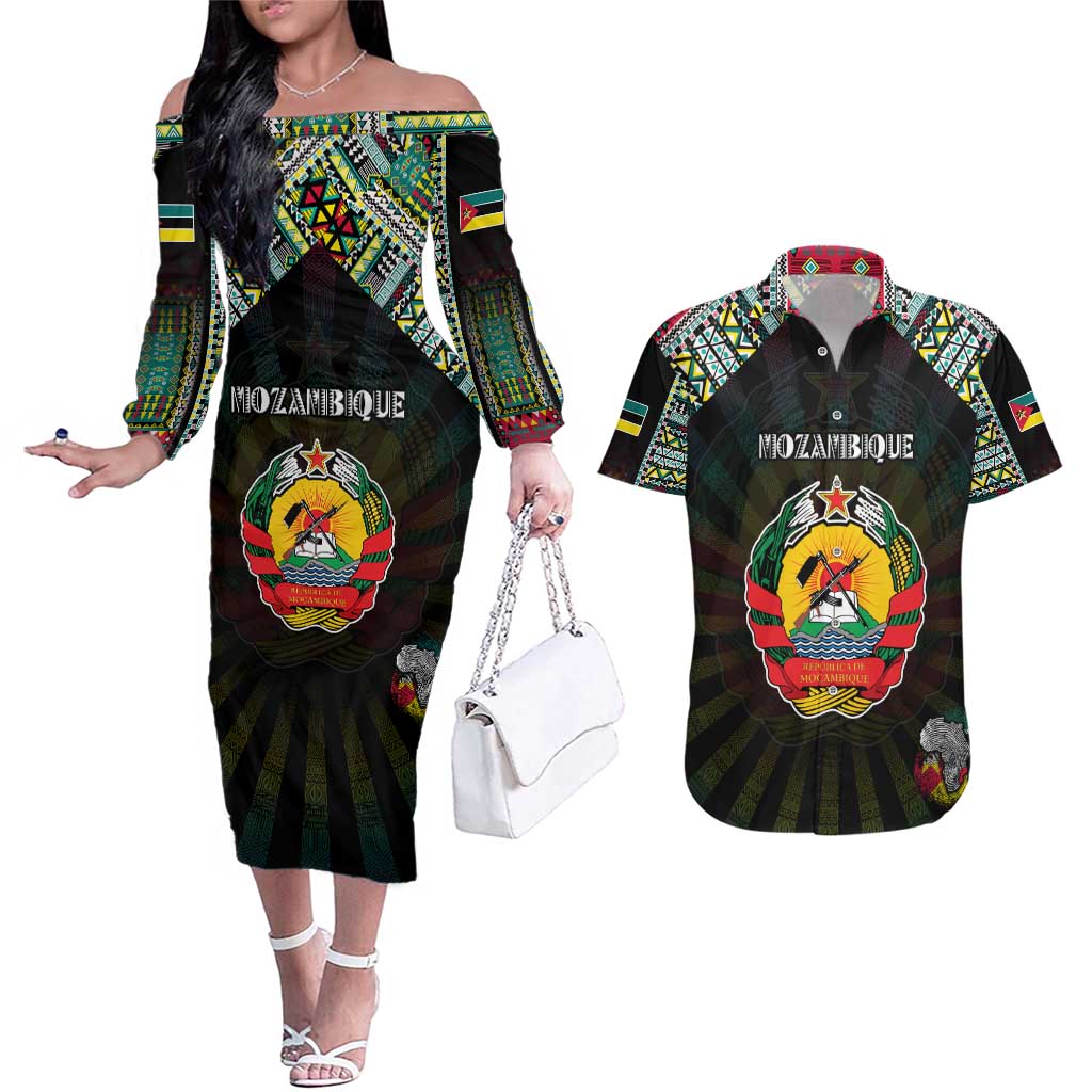 Personalized Mozambique Roots Couples Matching Off The Shoulder Long Sleeve Dress and Hawaiian Shirt African Map in Fingerprint and Tribal Colors