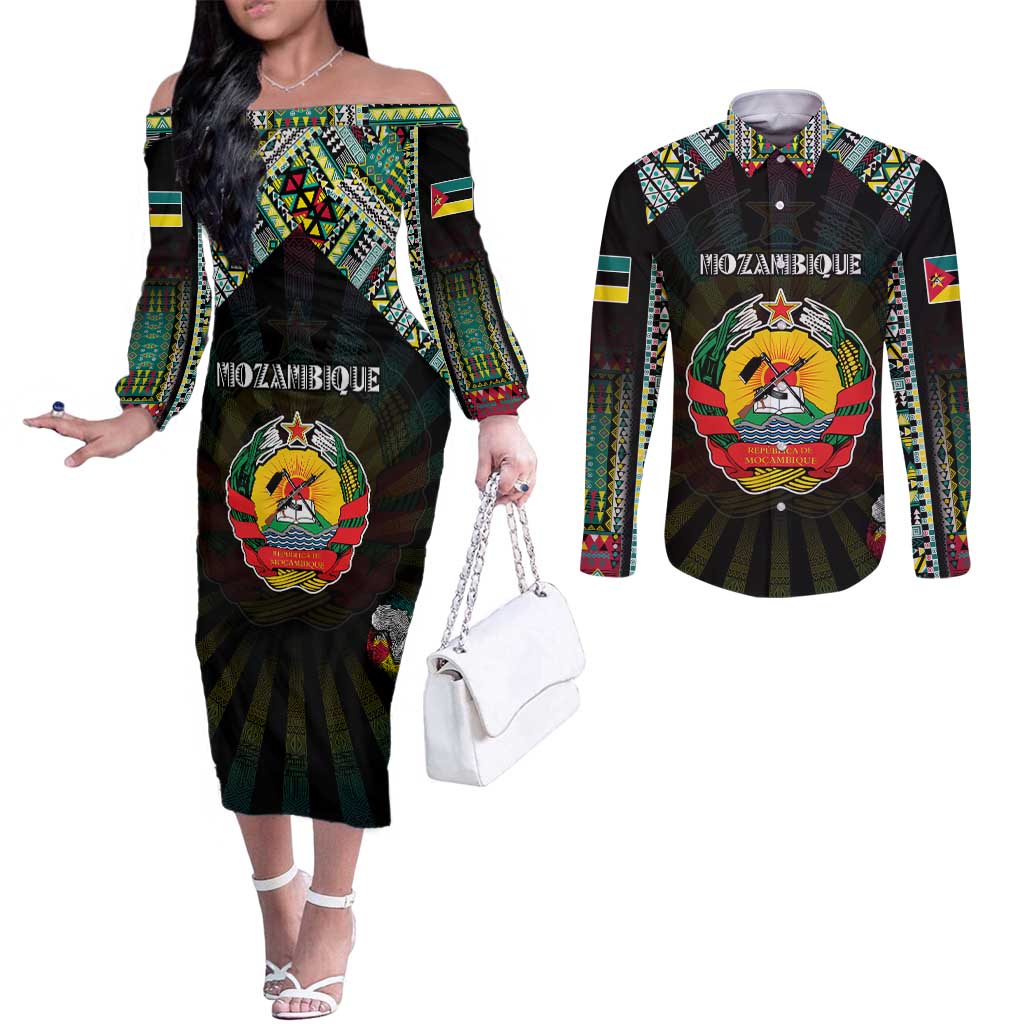 Personalized Mozambique Roots Couples Matching Off The Shoulder Long Sleeve Dress and Long Sleeve Button Shirt African Map in Fingerprint and Tribal Colors