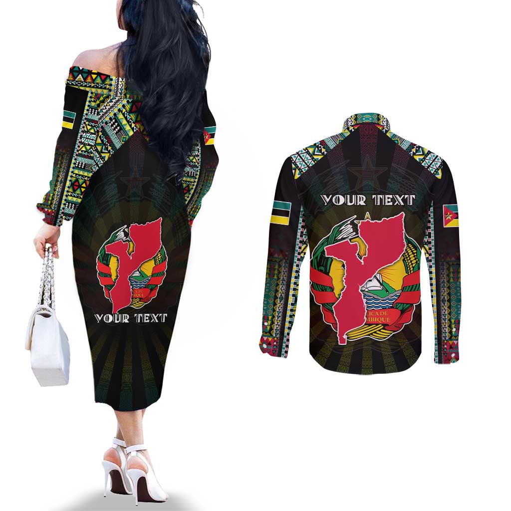 Personalized Mozambique Roots Couples Matching Off The Shoulder Long Sleeve Dress and Long Sleeve Button Shirt African Map in Fingerprint and Tribal Colors