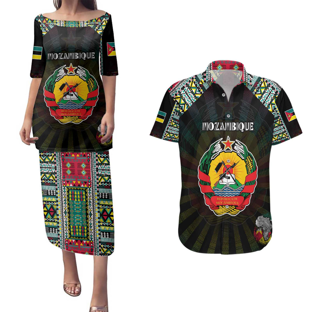 Personalized Mozambique Roots Couples Matching Puletasi and Hawaiian Shirt African Map in Fingerprint and Tribal Colors