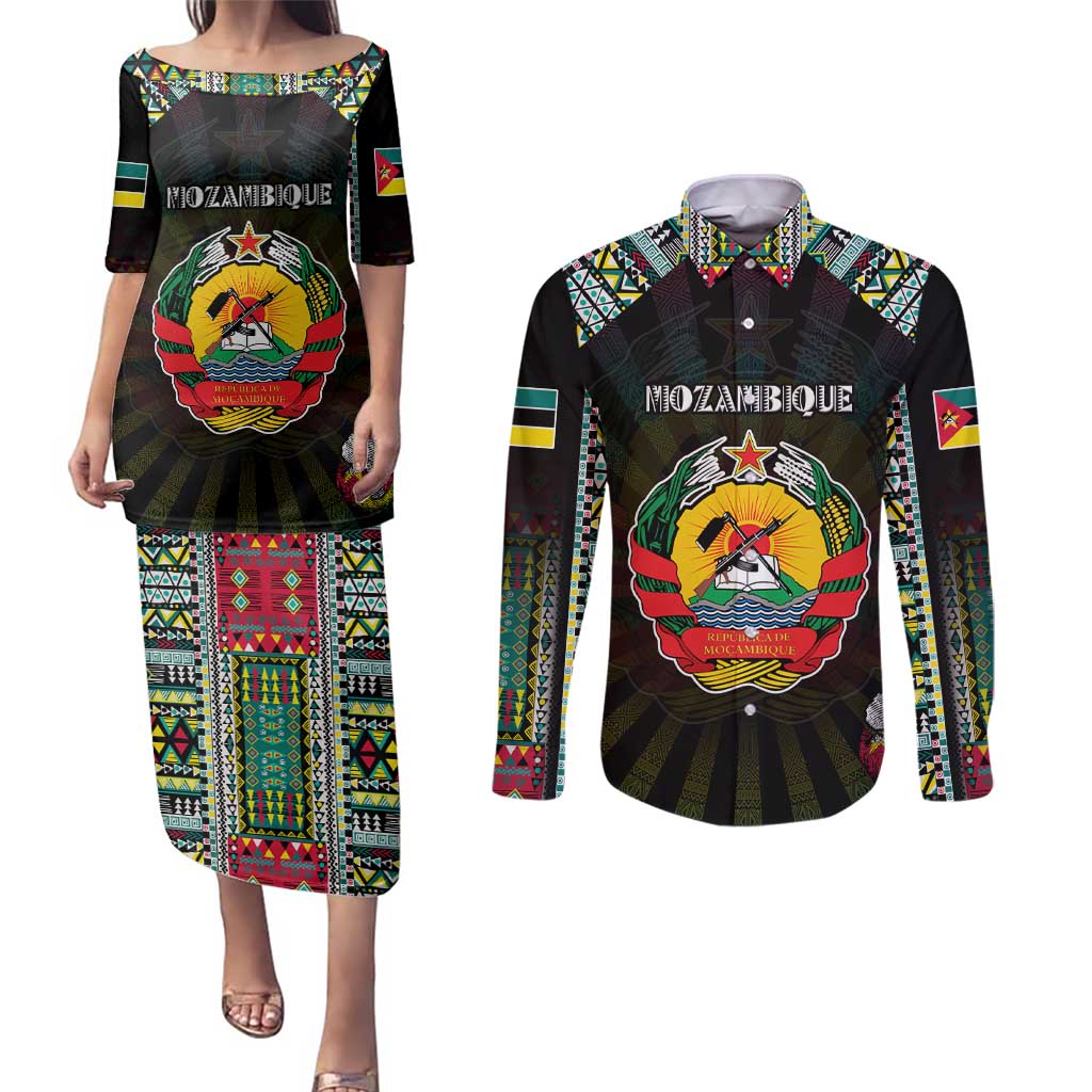Personalized Mozambique Roots Couples Matching Puletasi and Long Sleeve Button Shirt African Map in Fingerprint and Tribal Colors