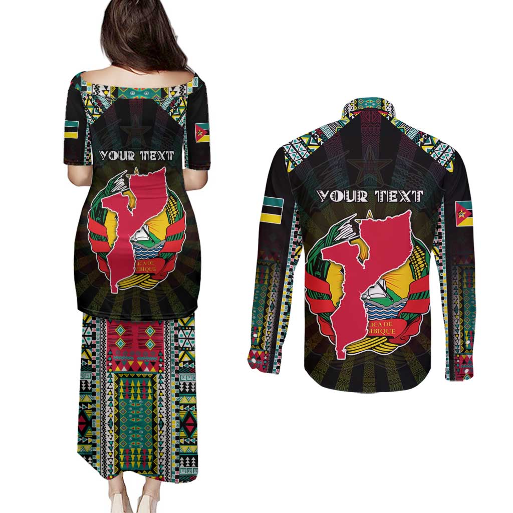 Personalized Mozambique Roots Couples Matching Puletasi and Long Sleeve Button Shirt African Map in Fingerprint and Tribal Colors