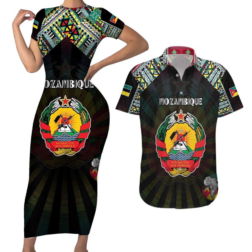 Personalized Mozambique Roots Couples Matching Short Sleeve Bodycon Dress and Hawaiian Shirt African Map in Fingerprint and Tribal Colors