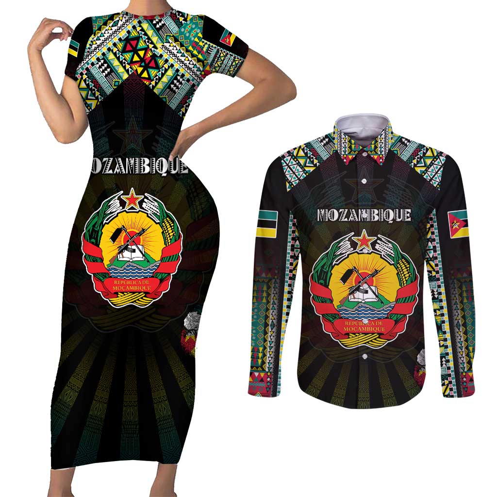 Personalized Mozambique Roots Couples Matching Short Sleeve Bodycon Dress and Long Sleeve Button Shirt African Map in Fingerprint and Tribal Colors