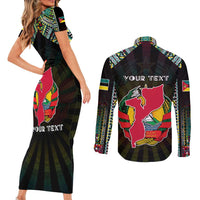 Personalized Mozambique Roots Couples Matching Short Sleeve Bodycon Dress and Long Sleeve Button Shirt African Map in Fingerprint and Tribal Colors