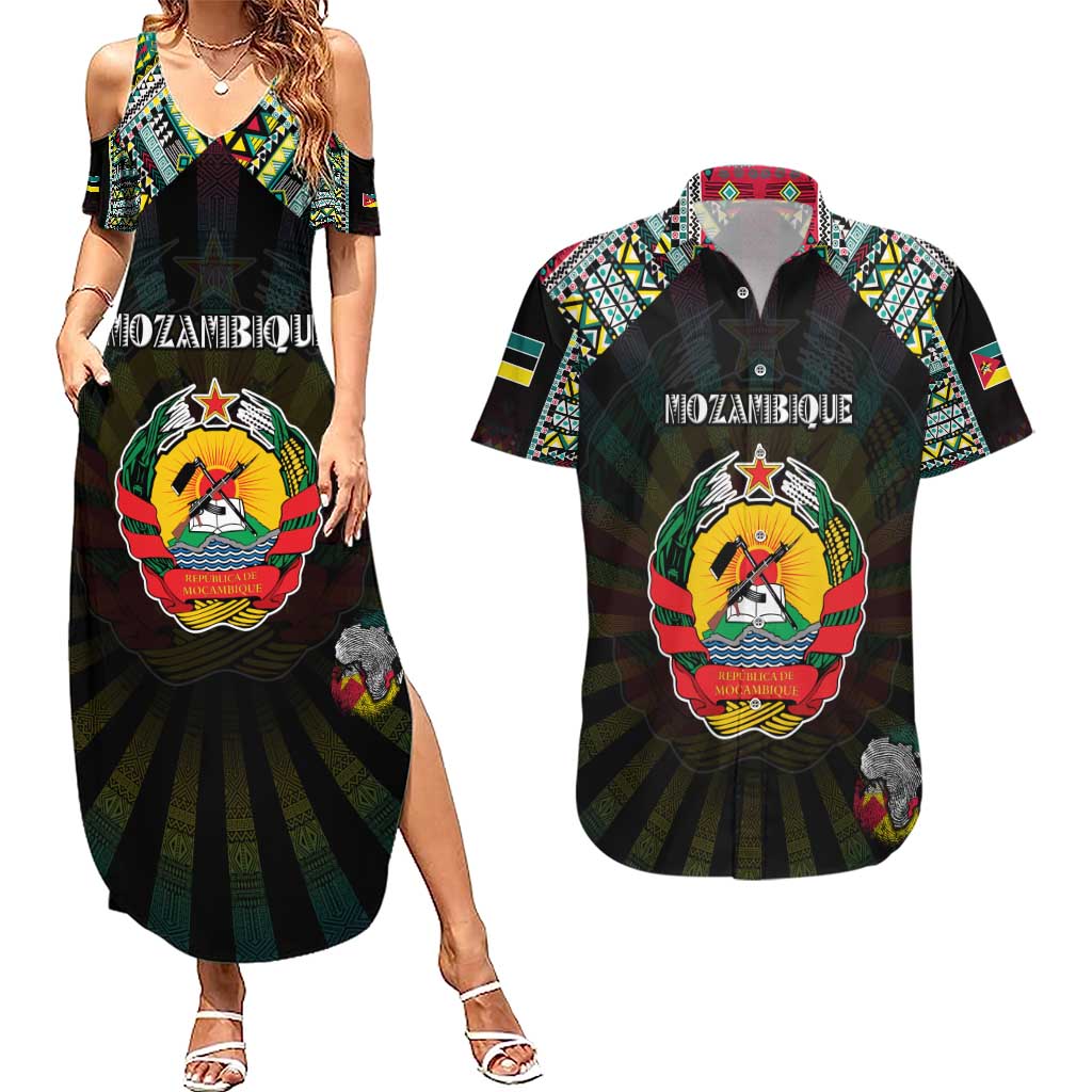 Personalized Mozambique Roots Couples Matching Summer Maxi Dress and Hawaiian Shirt African Map in Fingerprint and Tribal Colors