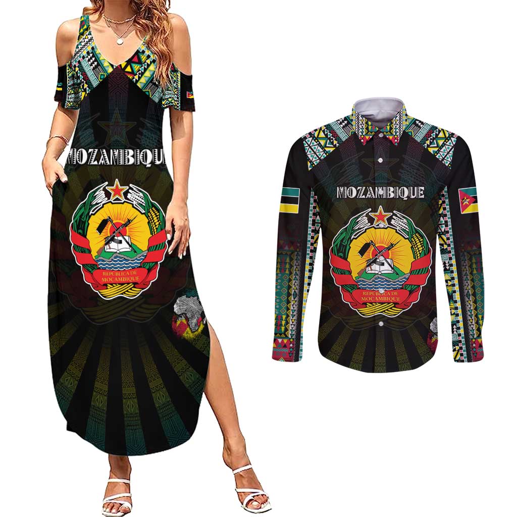 Personalized Mozambique Roots Couples Matching Summer Maxi Dress and Long Sleeve Button Shirt African Map in Fingerprint and Tribal Colors