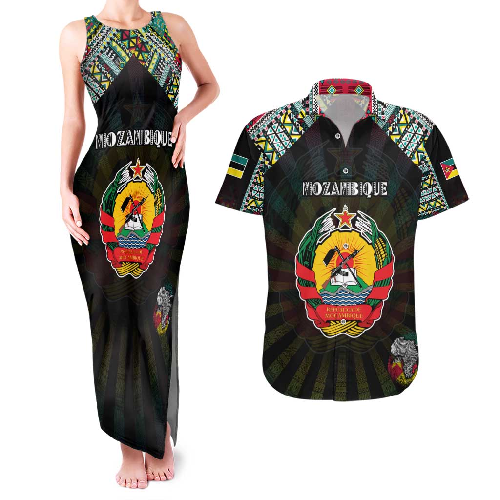 Personalized Mozambique Roots Couples Matching Tank Maxi Dress and Hawaiian Shirt African Map in Fingerprint and Tribal Colors