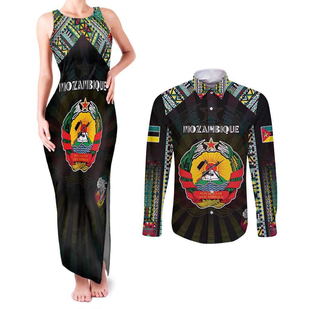 Personalized Mozambique Roots Couples Matching Tank Maxi Dress and Long Sleeve Button Shirt African Map in Fingerprint and Tribal Colors