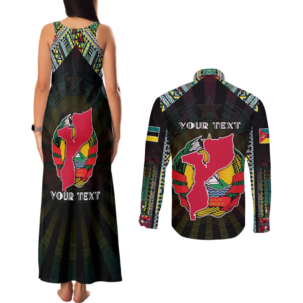 Personalized Mozambique Roots Couples Matching Tank Maxi Dress and Long Sleeve Button Shirt African Map in Fingerprint and Tribal Colors