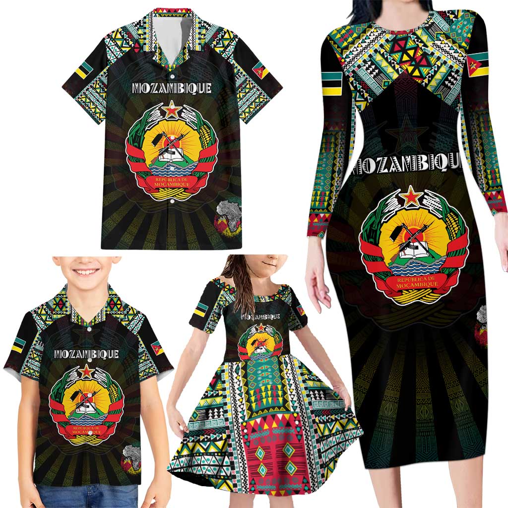 Personalized Mozambique Roots Family Matching Long Sleeve Bodycon Dress and Hawaiian Shirt African Map in Fingerprint and Tribal Colors