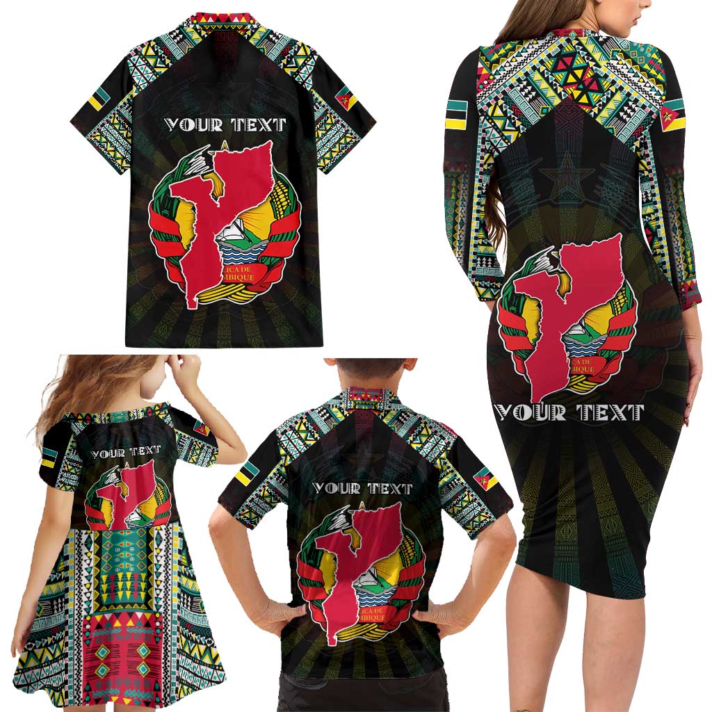 Personalized Mozambique Roots Family Matching Long Sleeve Bodycon Dress and Hawaiian Shirt African Map in Fingerprint and Tribal Colors
