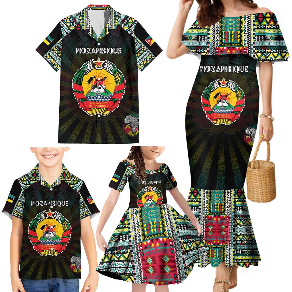 Personalized Mozambique Roots Family Matching Mermaid Dress and Hawaiian Shirt African Map in Fingerprint and Tribal Colors