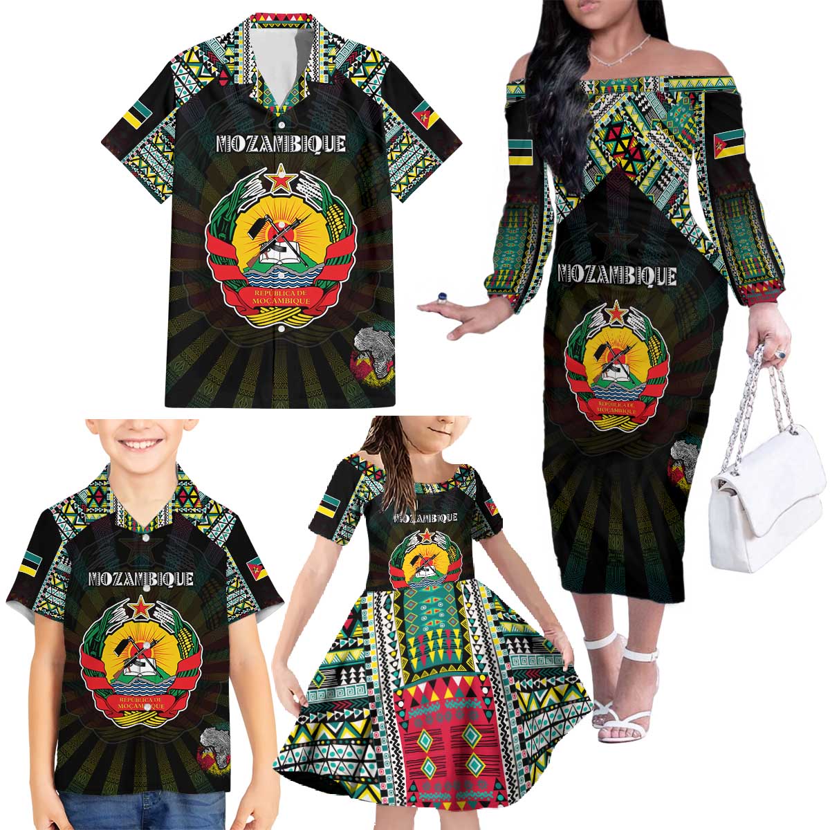 Personalized Mozambique Roots Family Matching Off The Shoulder Long Sleeve Dress and Hawaiian Shirt African Map in Fingerprint and Tribal Colors