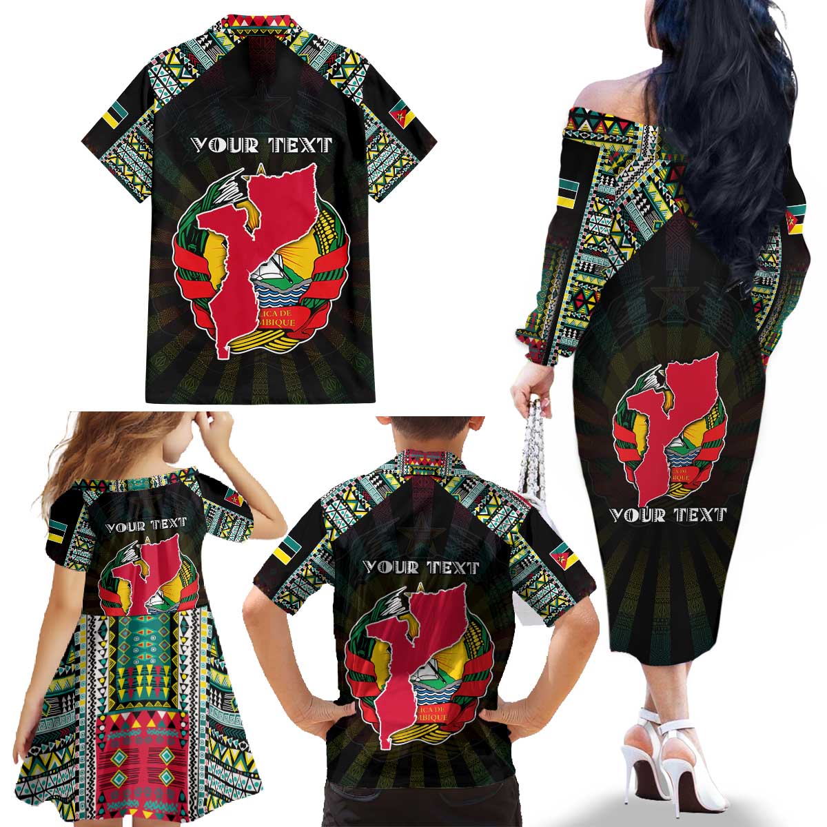 Personalized Mozambique Roots Family Matching Off The Shoulder Long Sleeve Dress and Hawaiian Shirt African Map in Fingerprint and Tribal Colors