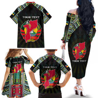 Personalized Mozambique Roots Family Matching Off The Shoulder Long Sleeve Dress and Hawaiian Shirt African Map in Fingerprint and Tribal Colors