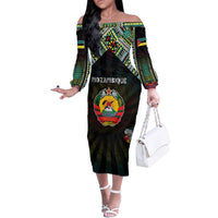 Personalized Mozambique Roots Family Matching Off The Shoulder Long Sleeve Dress and Hawaiian Shirt African Map in Fingerprint and Tribal Colors