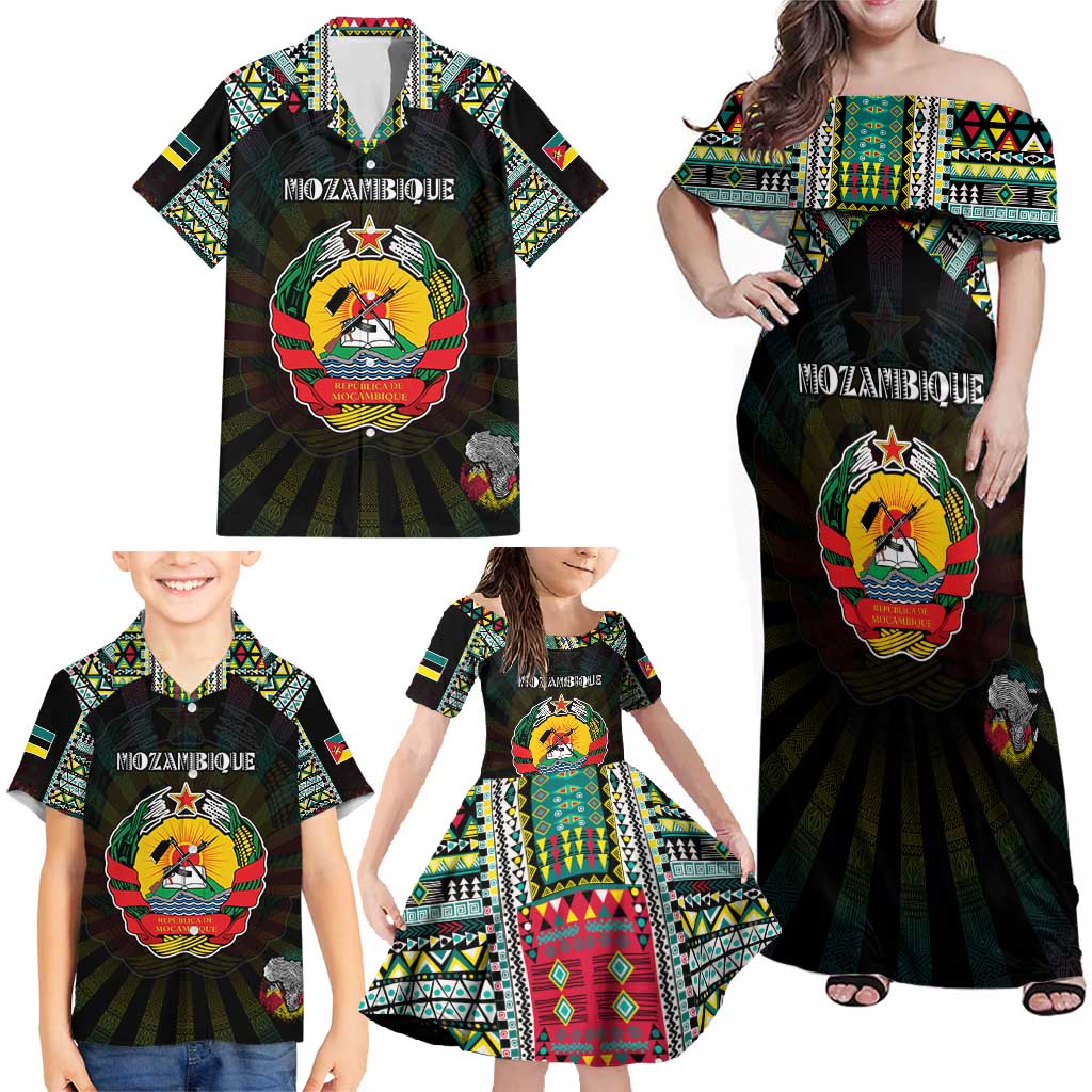 Personalized Mozambique Roots Family Matching Off Shoulder Maxi Dress and Hawaiian Shirt African Map in Fingerprint and Tribal Colors