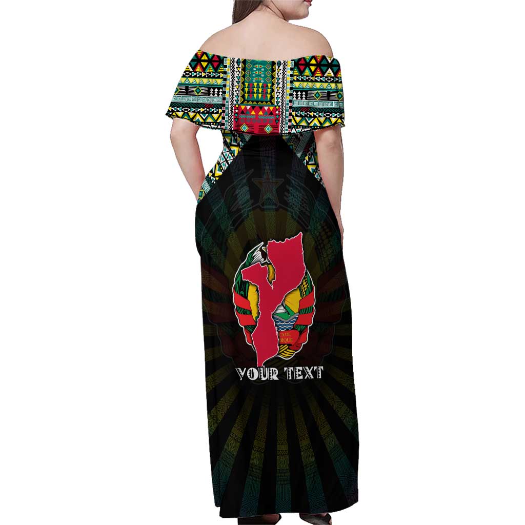 Personalized Mozambique Roots Family Matching Off Shoulder Maxi Dress and Hawaiian Shirt African Map in Fingerprint and Tribal Colors