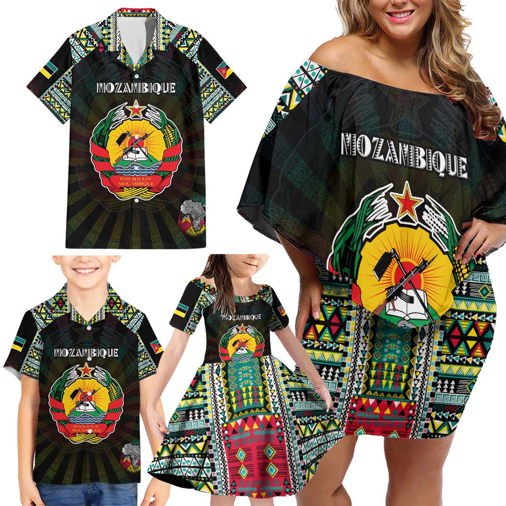 Personalized Mozambique Roots Family Matching Off Shoulder Short Dress and Hawaiian Shirt African Map in Fingerprint and Tribal Colors