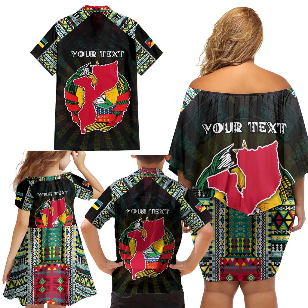 Personalized Mozambique Roots Family Matching Off Shoulder Short Dress and Hawaiian Shirt African Map in Fingerprint and Tribal Colors