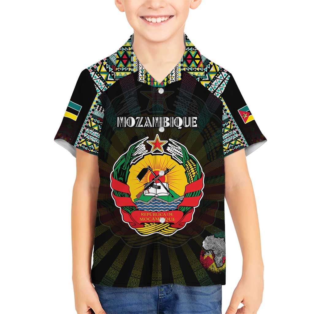 Personalized Mozambique Roots Family Matching Off Shoulder Short Dress and Hawaiian Shirt African Map in Fingerprint and Tribal Colors
