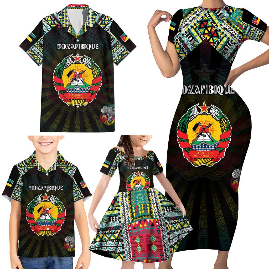 Personalized Mozambique Roots Family Matching Short Sleeve Bodycon Dress and Hawaiian Shirt African Map in Fingerprint and Tribal Colors