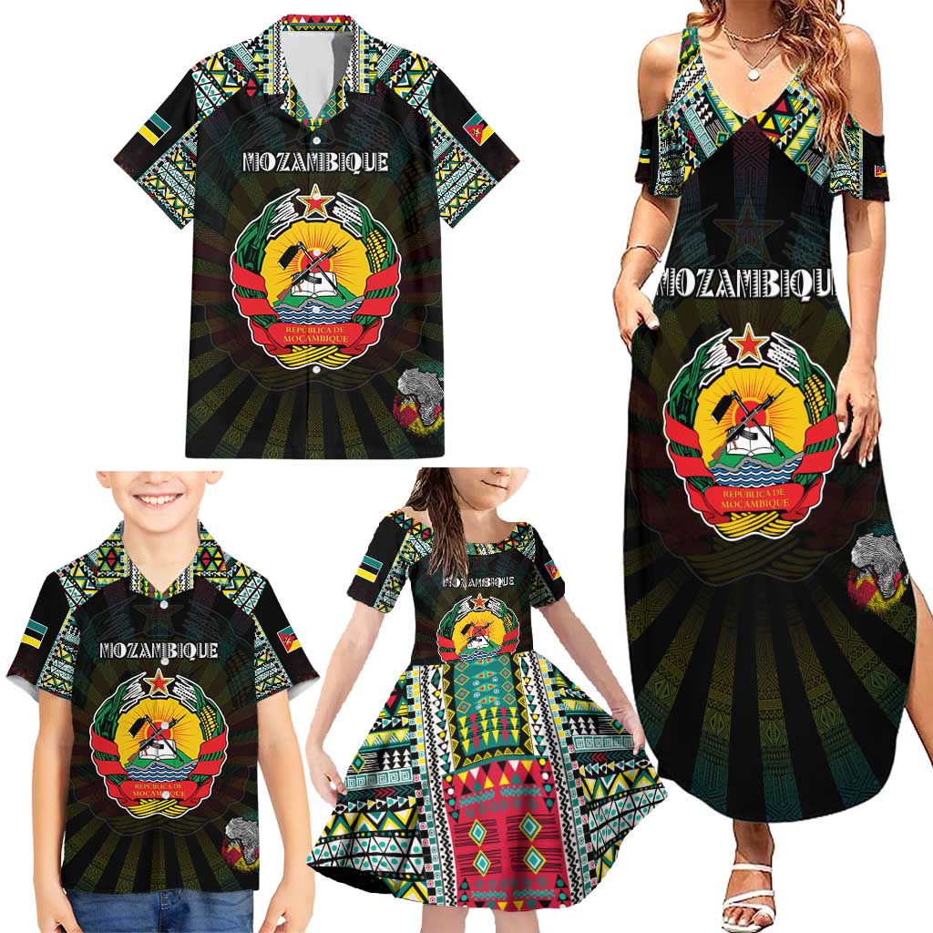Personalized Mozambique Roots Family Matching Summer Maxi Dress and Hawaiian Shirt African Map in Fingerprint and Tribal Colors