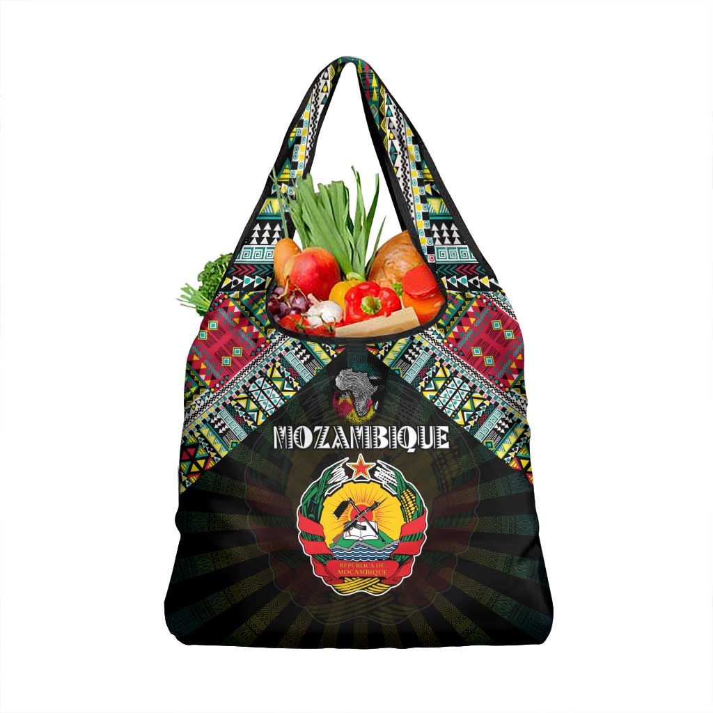 Mozambique Roots Grocery Bag African Map in Fingerprint and Tribal Colors