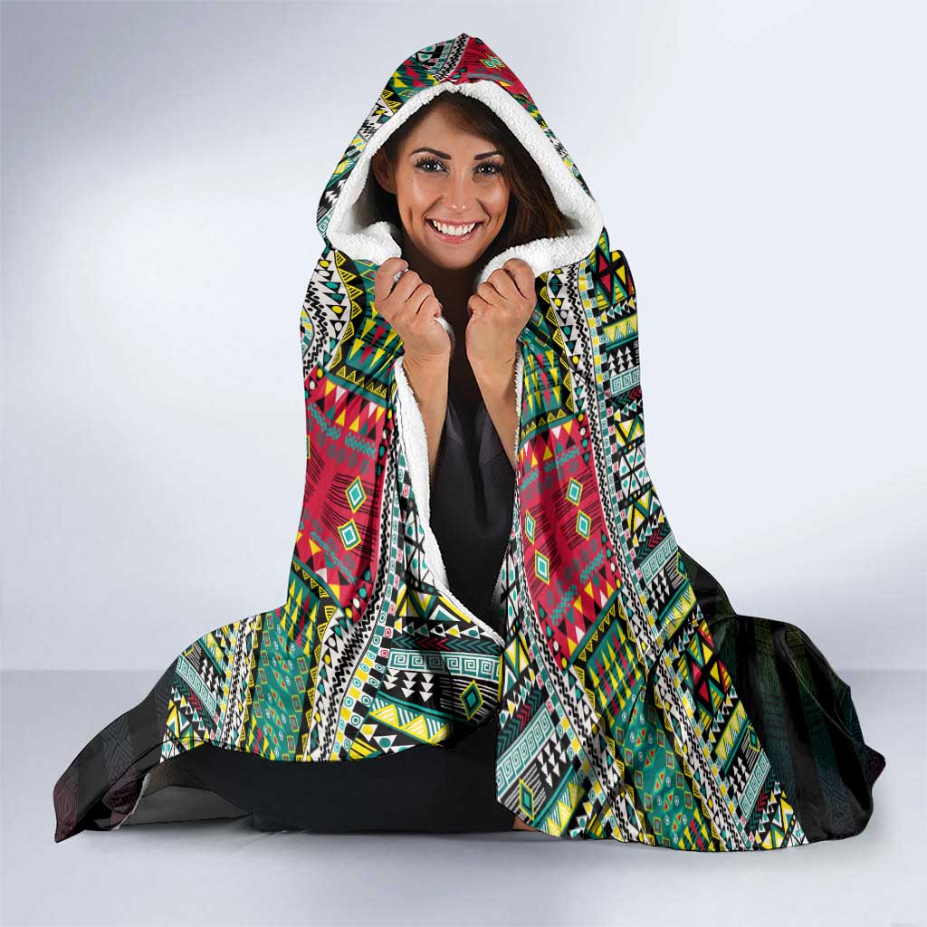 Mozambique Roots Hooded Blanket African Map in Fingerprint and Tribal Colors