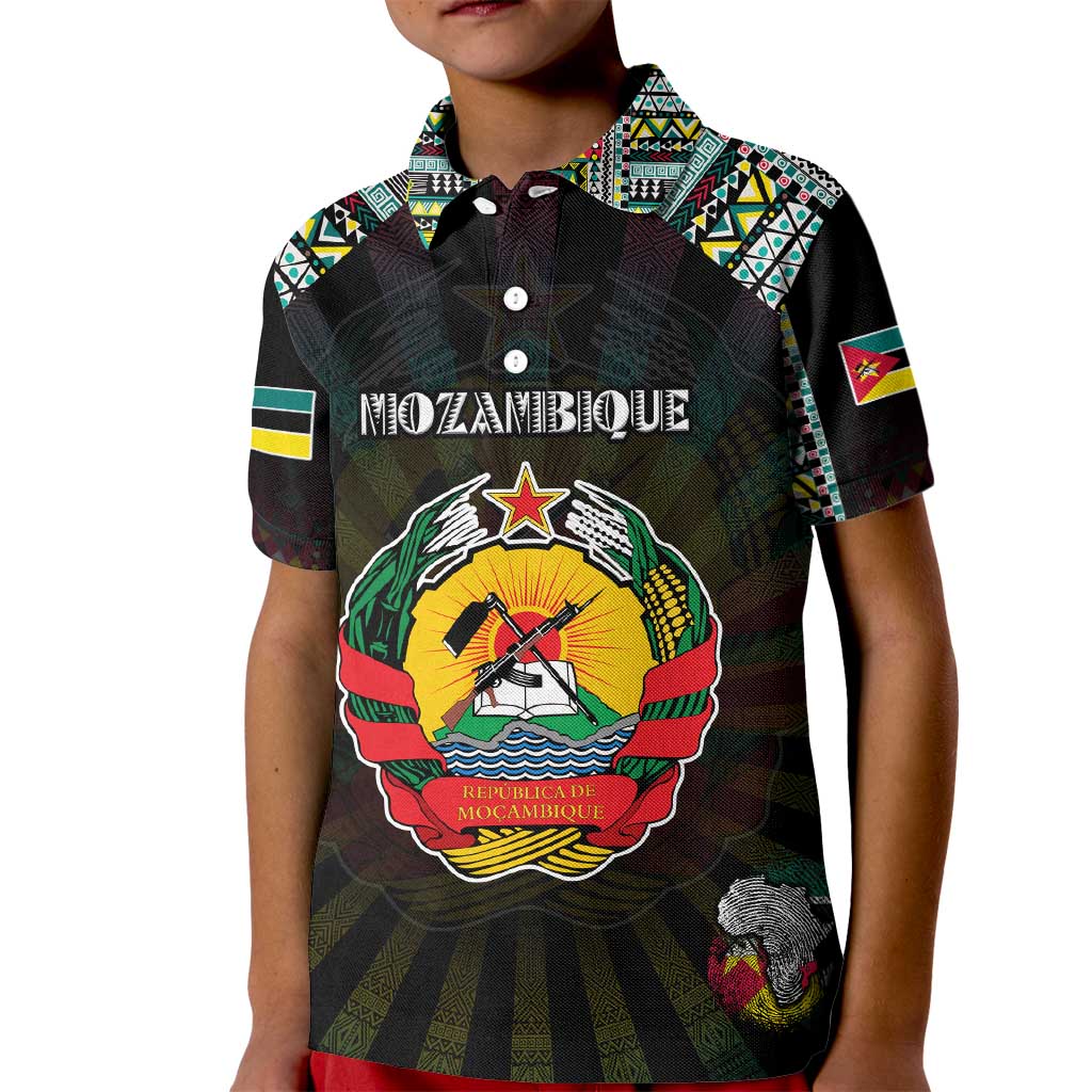 Personalized Mozambique Roots Kid Polo Shirt African Map in Fingerprint and Tribal Colors