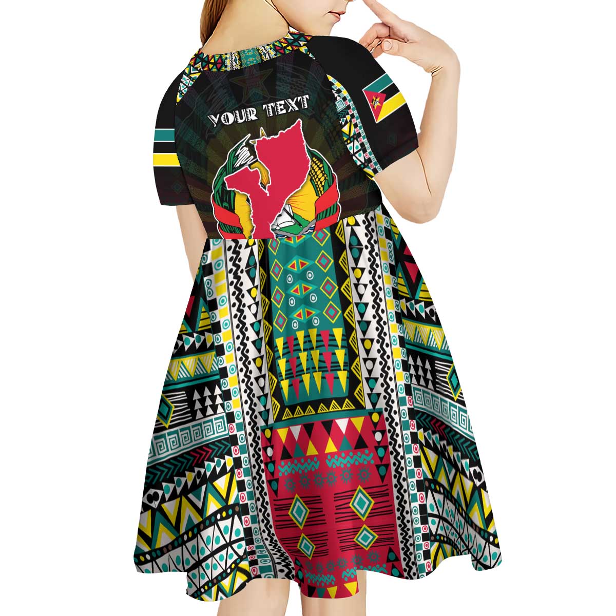 Personalized Mozambique Roots Kid Short Sleeve Dress African Map in Fingerprint and Tribal Colors