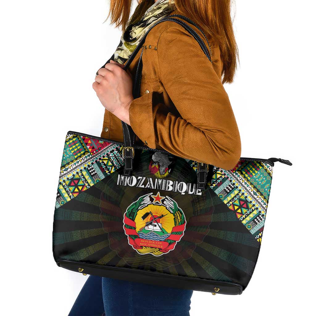 Mozambique Roots Leather Tote Bag African Map in Fingerprint and Tribal Colors