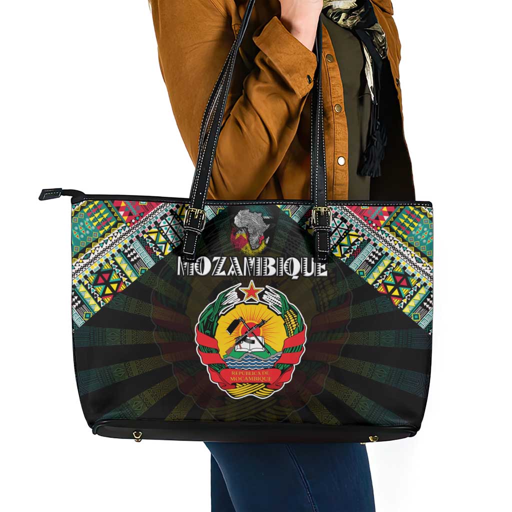 Mozambique Roots Leather Tote Bag African Map in Fingerprint and Tribal Colors
