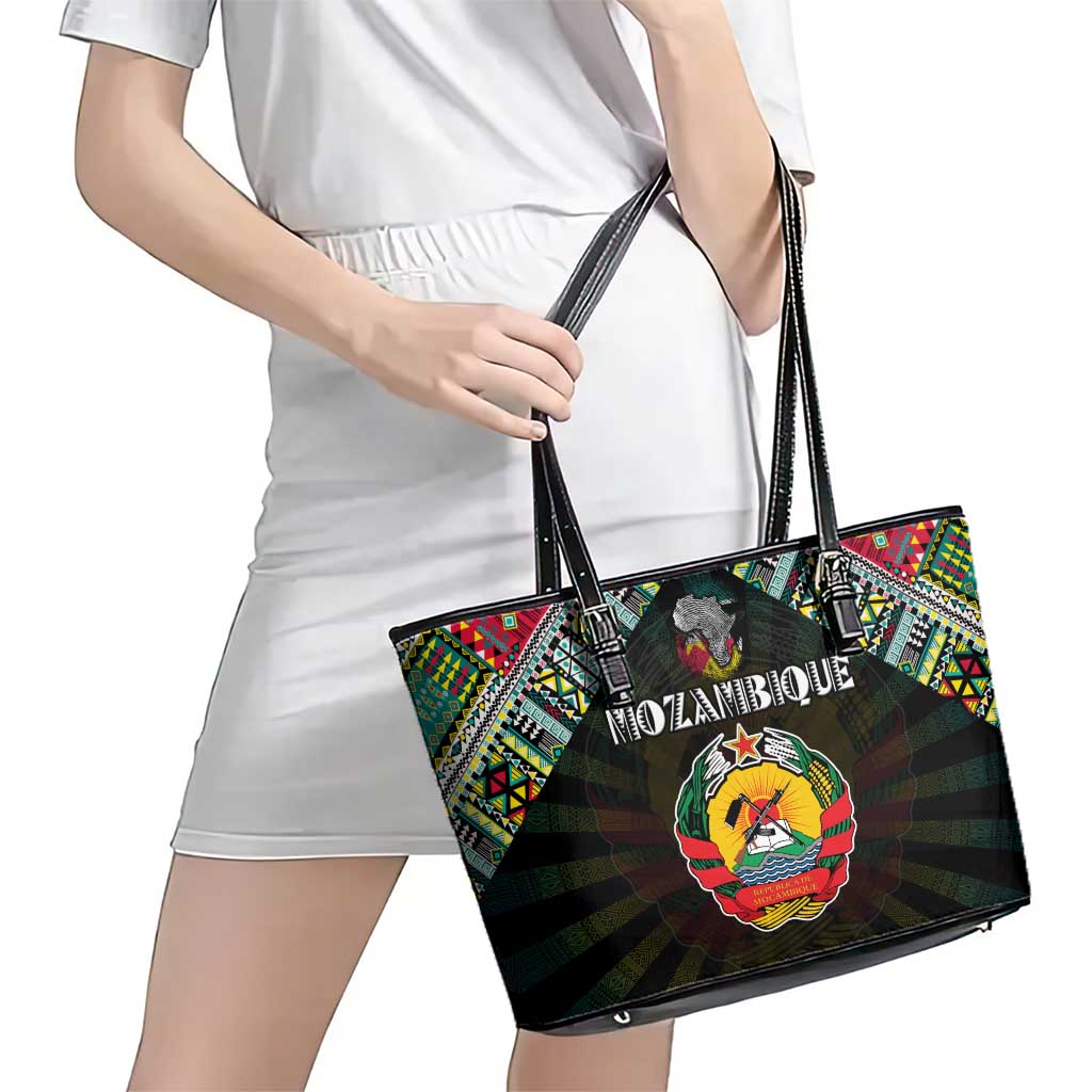Mozambique Roots Leather Tote Bag African Map in Fingerprint and Tribal Colors