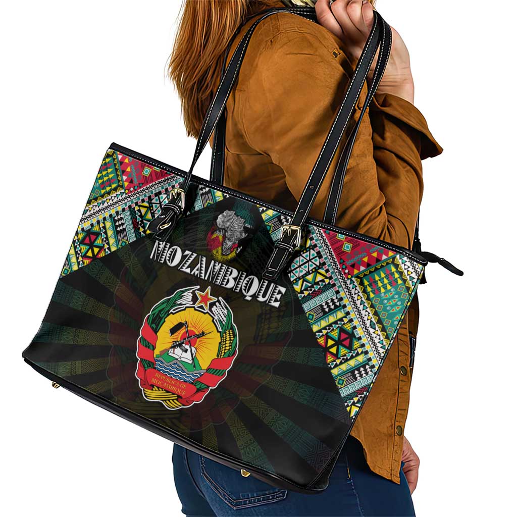 Mozambique Roots Leather Tote Bag African Map in Fingerprint and Tribal Colors