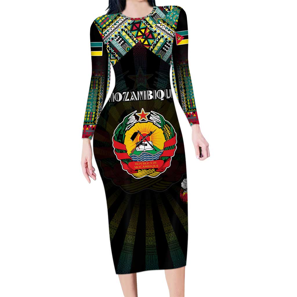 Personalized Mozambique Roots Long Sleeve Bodycon Dress African Map in Fingerprint and Tribal Colors