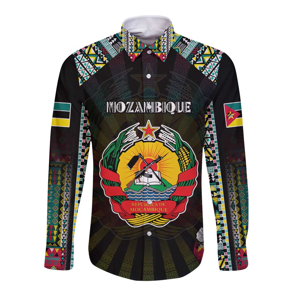 Personalized Mozambique Roots Long Sleeve Button Shirt African Map in Fingerprint and Tribal Colors