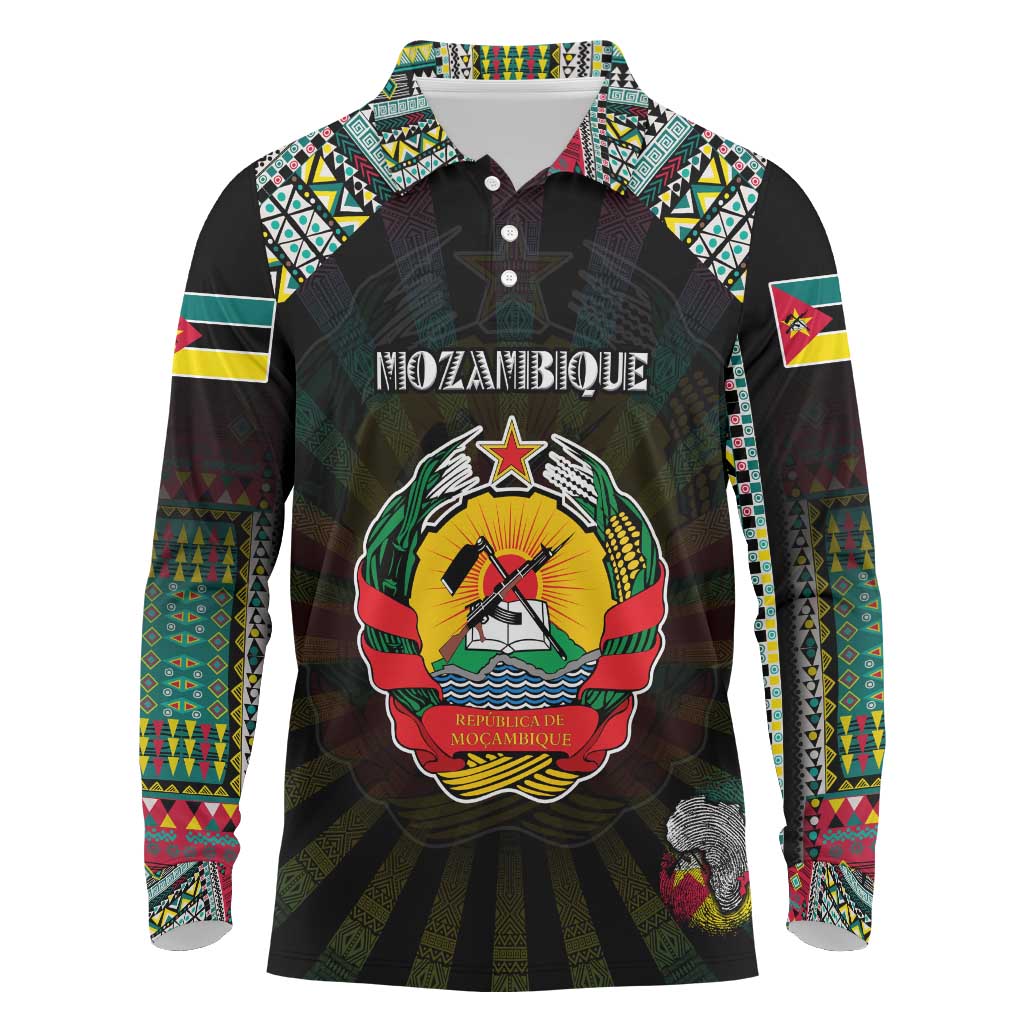 Personalized Mozambique Roots Long Sleeve Polo Shirt African Map in Fingerprint and Tribal Colors