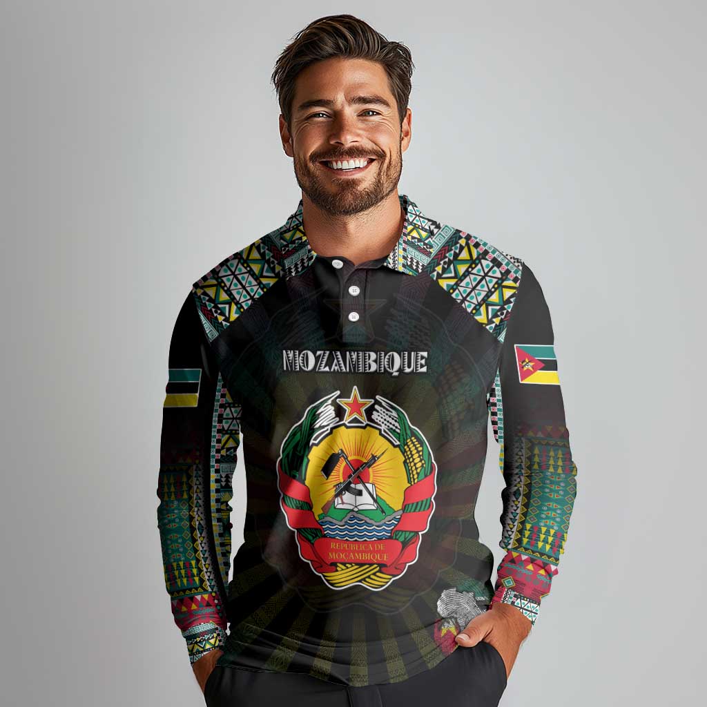 Personalized Mozambique Roots Long Sleeve Polo Shirt African Map in Fingerprint and Tribal Colors
