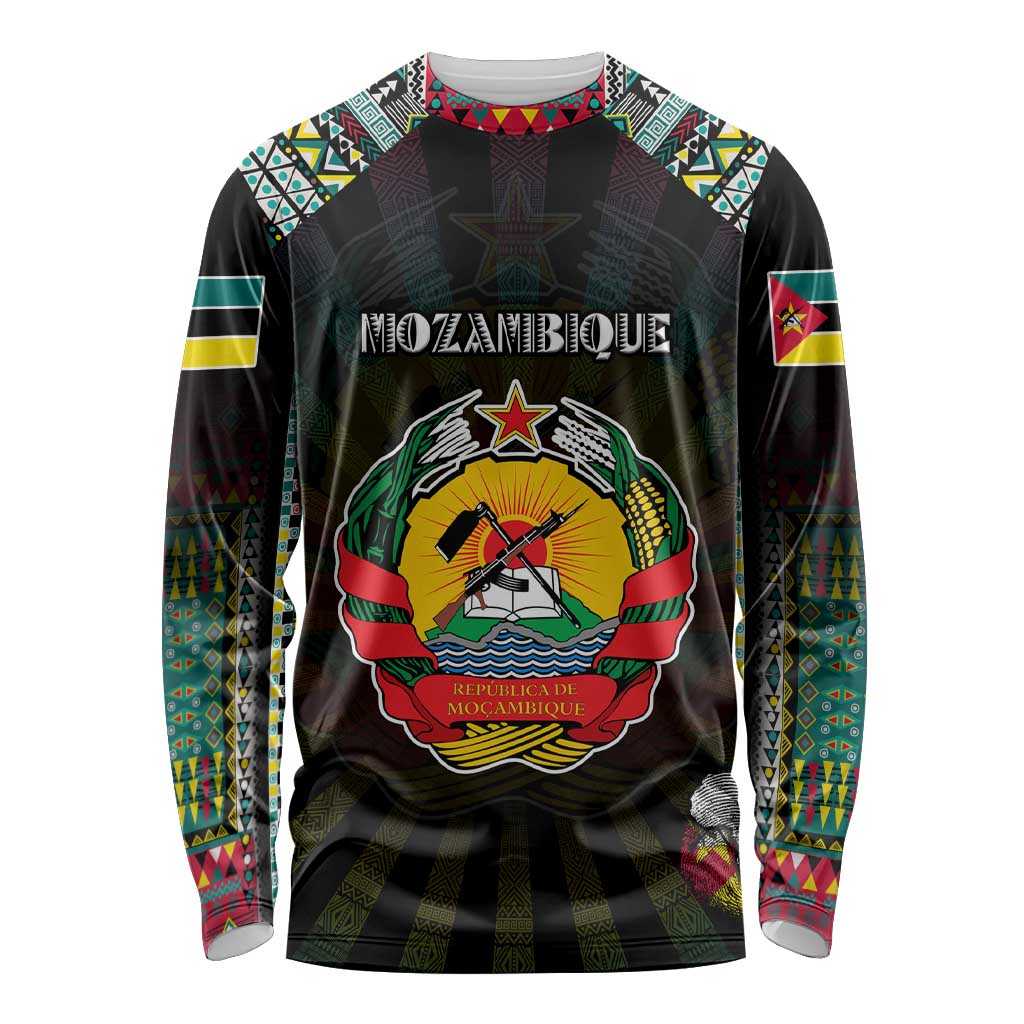 Personalized Mozambique Roots Long Sleeve Shirt African Map in Fingerprint and Tribal Colors