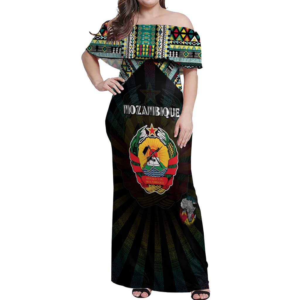 Personalized Mozambique Roots Off Shoulder Maxi Dress African Map in Fingerprint and Tribal Colors